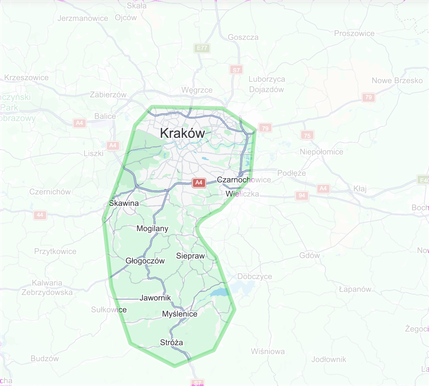 Obszar działania serwisu - Kraków, Myślenice i okolice
